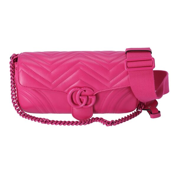 GUCCI GG Marmont Quilted Shoulder Bag 734814 Fuchsia Pink Quilted Leather